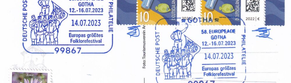 Postkarte mit Sonderstempel 58. Europeade in Gotha.