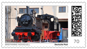 Briefmarke individuell, Muster, 26. Meininger Dampfloktage, Bild: Schnittmodell einer Dampflok