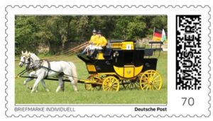 Briefmarke individuell, Muster, 100 Jahre "Hoch auf dem Gelben Wagen", Bild: gelbe Postkutsche