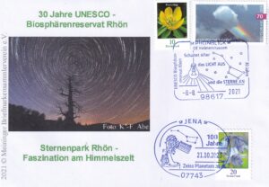 Sonderumschlag 30 Jahre Biosphärenreservat Rhön mit Sonderstempel "Schaltet das Licht aus und die Sterne an" sowie ein weiterer Sonderstempel "100 Jahre Zeiss Planetarium".