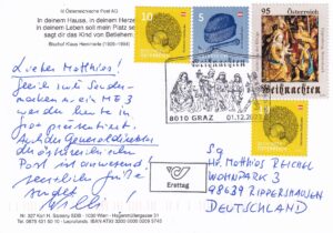 Weihnachtskarte mit der Abbildung "Anbetung der Könige" und Sonderstempel von Graz.
