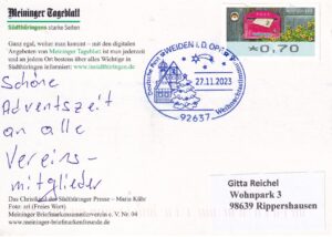 Vorderseite der Karte ist die Abbildung des Christkindes der Südthüringer Presse. Auf der Rückseite ist der super abgeschlagene Sonderstempel von Weiden in der Oberpfalz zu sehen.