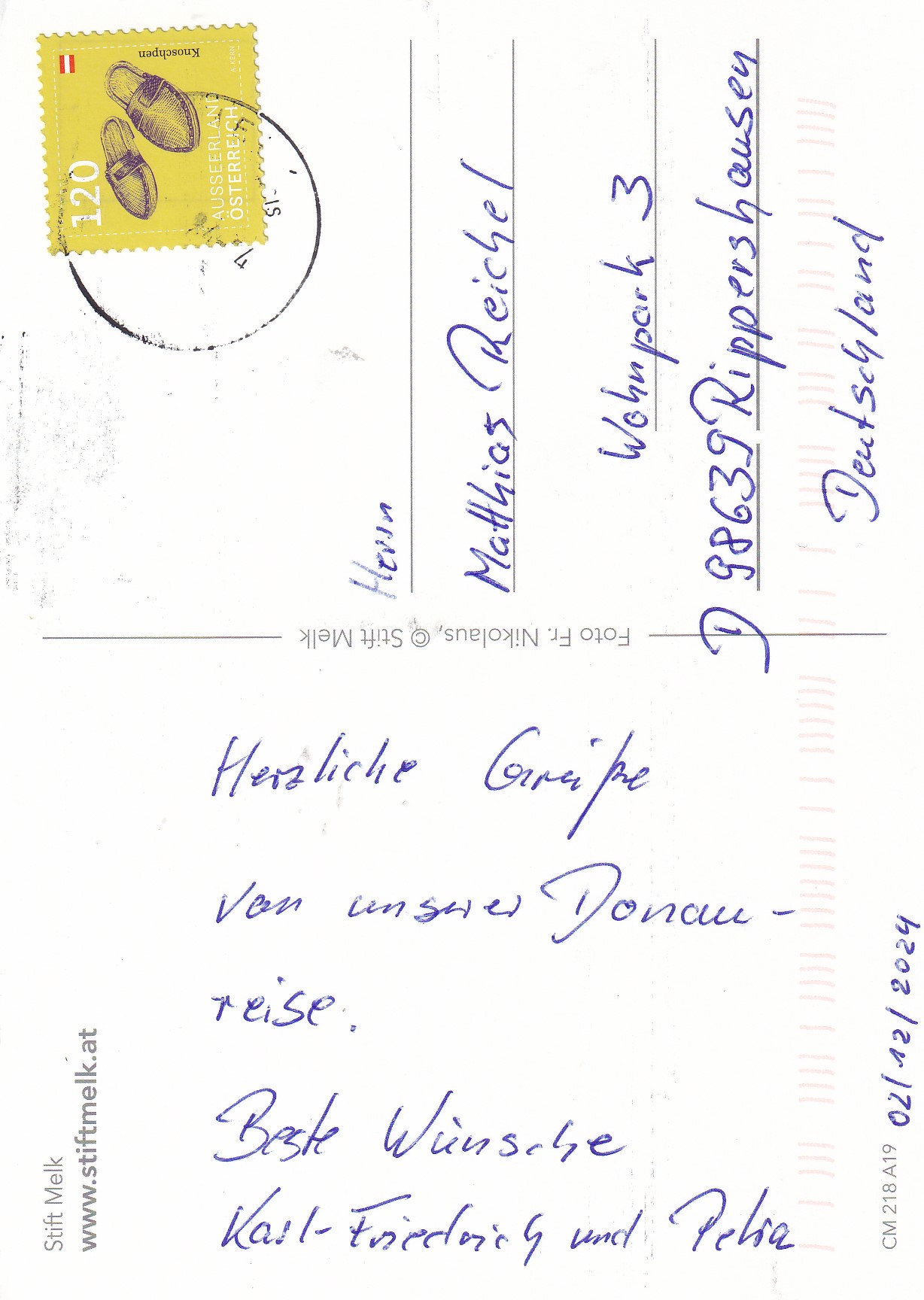 Herzliche Grüße von der Donaureise senden Petra und Karl-Friedrich Abe.