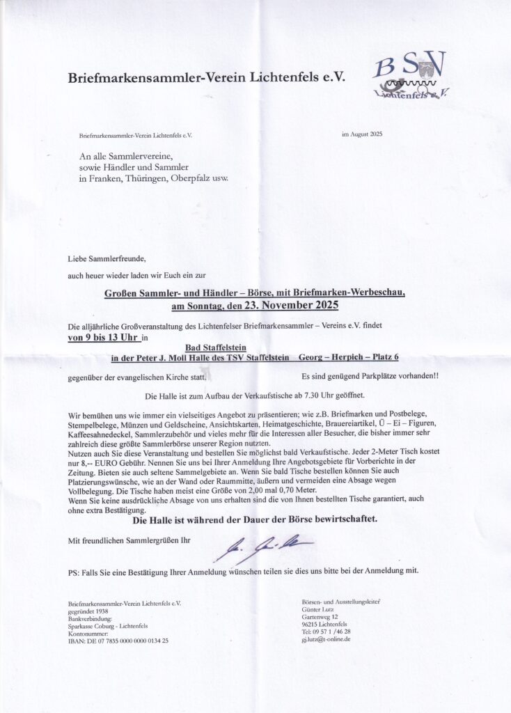 Einladung zur Briefmarkenbörse mit Ausstellung nach Bad Staffelstein