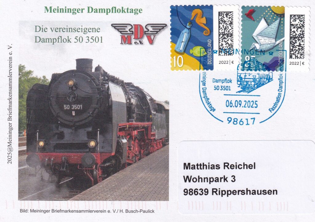 Karte mit Sonderstempel von den Meininger Dampfloktagen.