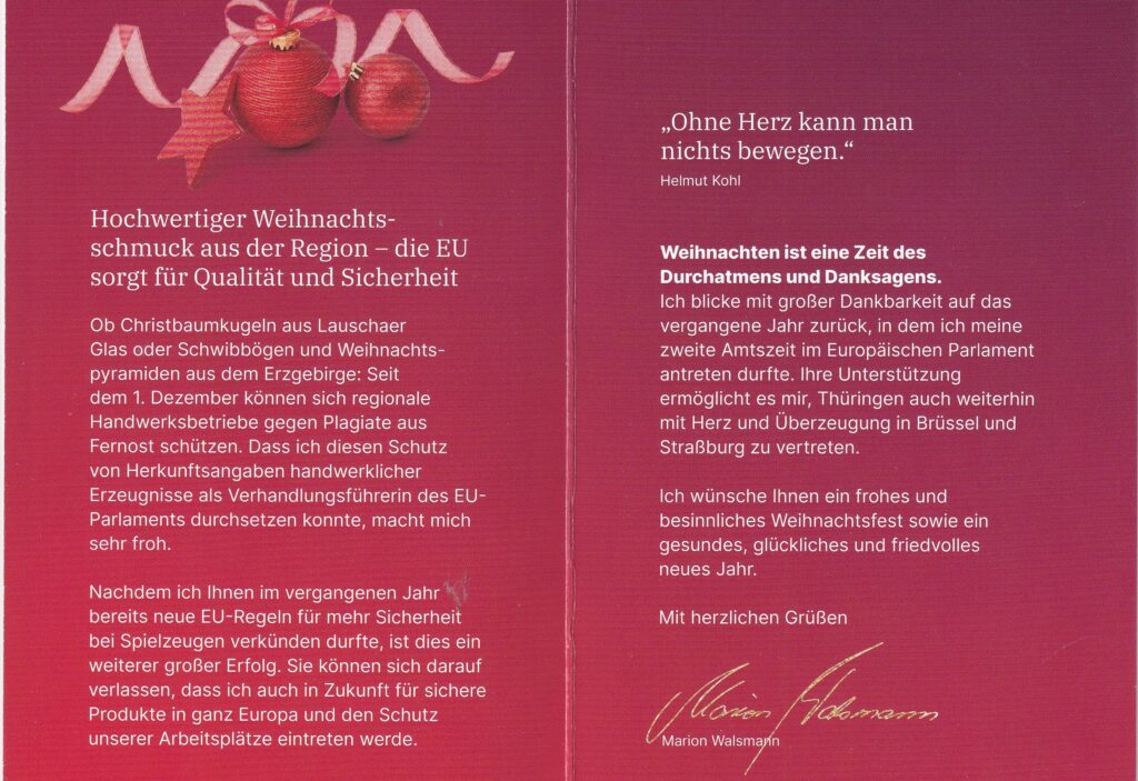 Weihnachts- und Neujahrsgrüße von der Europaabgeordneten Marion Walsmann