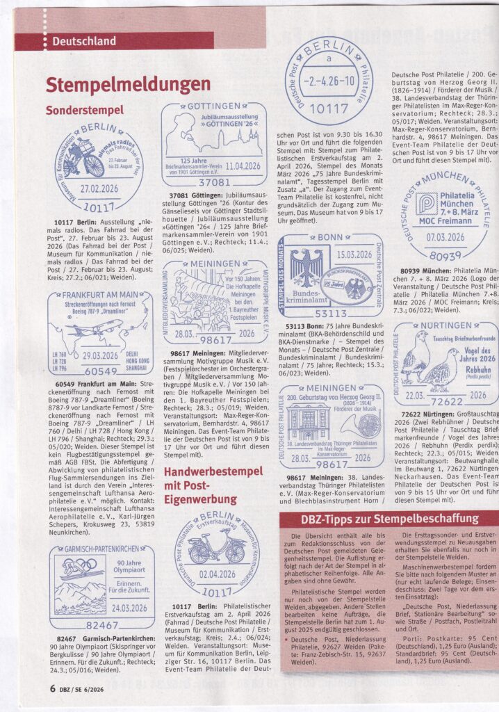 DBZ Nr. 6  Ankündigung von zwei Meininger Sonderstempeln und Pressebeitrag zur Meininger Hofkapelle