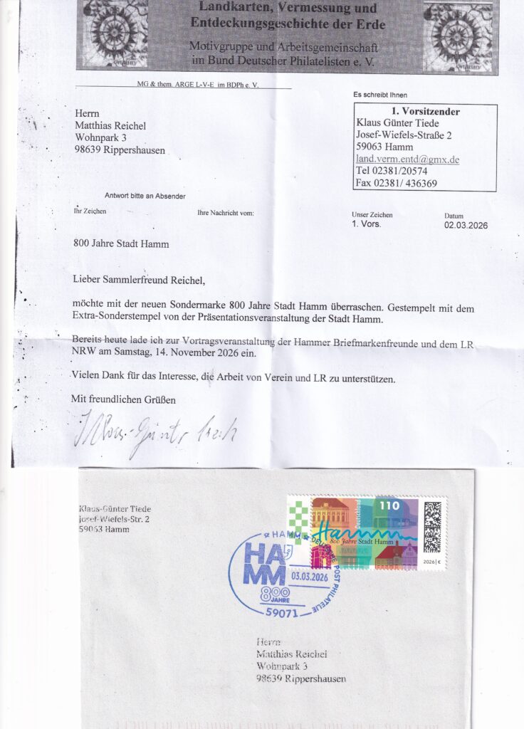 Original gelaufener Brief mit Sonderstempel und passenden Sonderpostwertzeichen "800 Jahre Hamm"