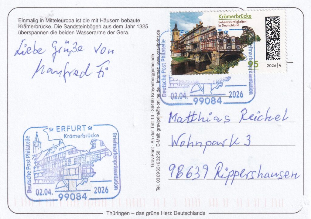 Grüße von der Krämerbrücke mit Sonderstempel.-